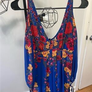 Free People Blue Floral V-Neck Dress with Red & Yellow Blooms
